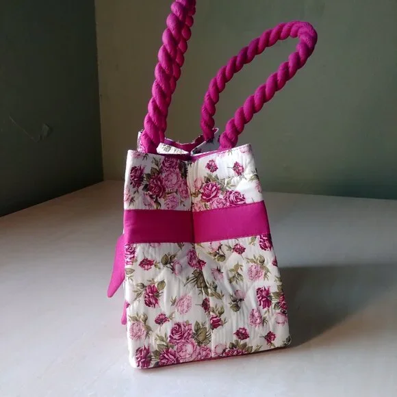 100% cotton white with pink and green floral pattern tote bag - Picture 6 of 13